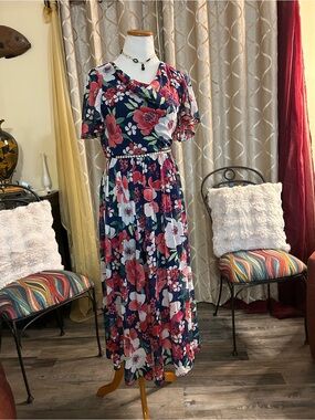 Eliza B Nites Floral Maxi Dress in Navy and Coral - Women's Casual Summer Dress